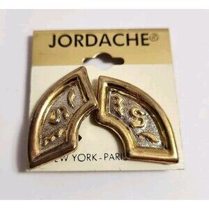 Vtg NEW Jordache Gold Tone Framed Silver Toned Middle Symbols Clip-On Earrings